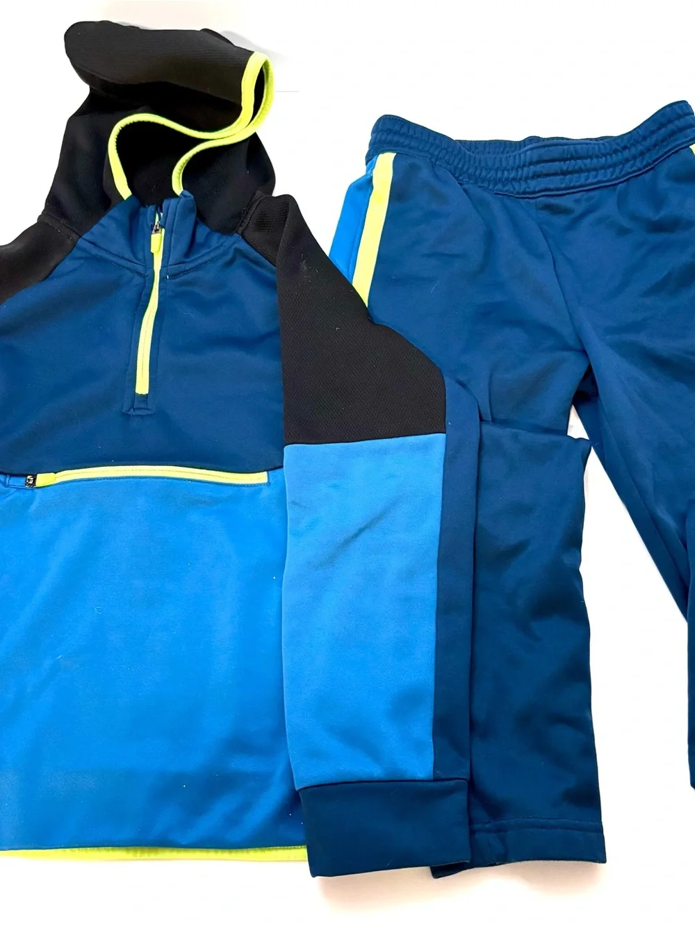 Kids Blue and Neon Tech Fleece Set Matching Hoodie and Pants. Size M/8
